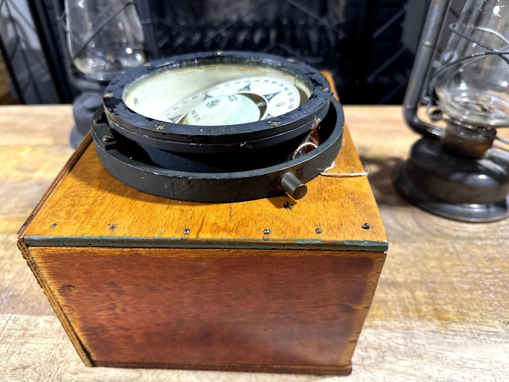 Antique Nautical Compass E.S. Ritchie & Sons Boston c.1900 - U.S. Navy Gimbaled Marine Compass with Wooden Base