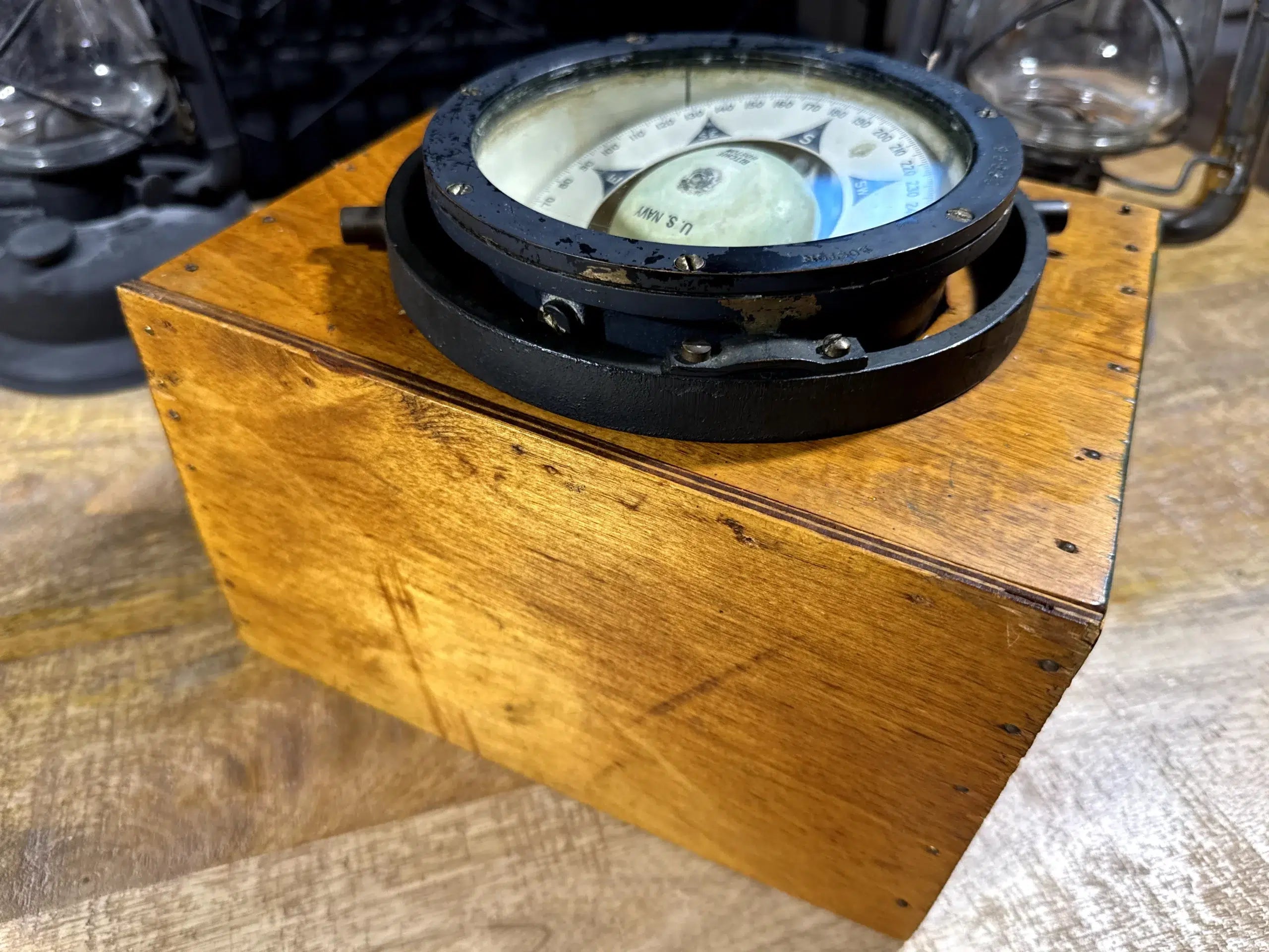 Antique Nautical Compass E.S. Ritchie & Sons Boston c.1900 - U.S. Navy Gimbaled Marine Compass with Wooden Base