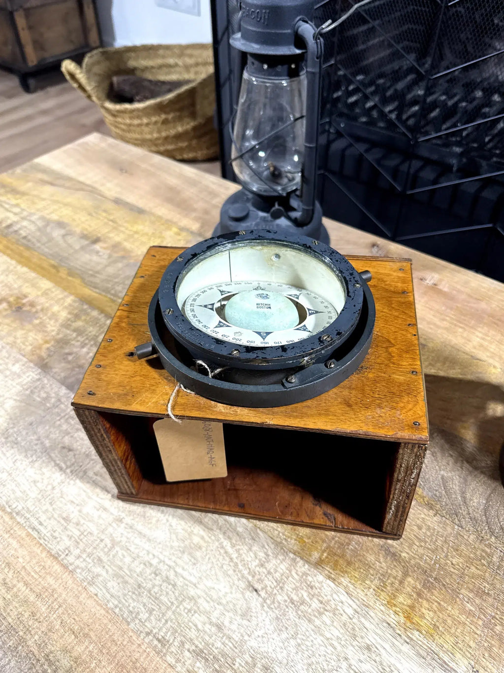 Antique Nautical Compass E.S. Ritchie & Sons Boston c.1900 - U.S. Navy Gimbaled Marine Compass with Wooden Base