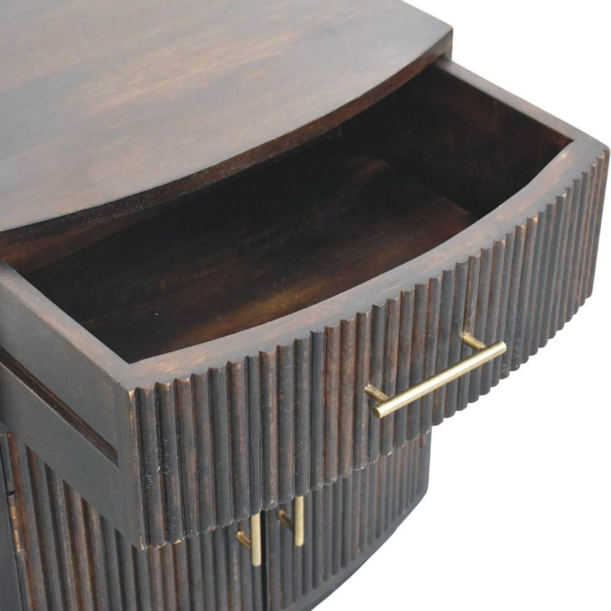 Mesita de noche Milan de madera maciza de mango – Diseño acanalado en moka