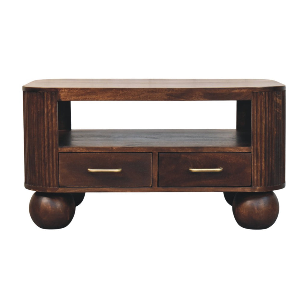 Mesa de centro de madera maciza de mango con 2 cajones – Patas esféricas y acabado nogal California