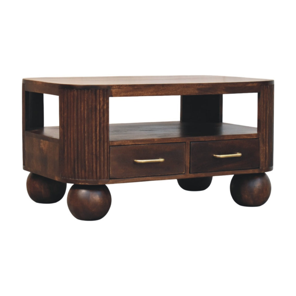 Mesa de centro de madera maciza de mango con 2 cajones – Patas esféricas y acabado nogal California