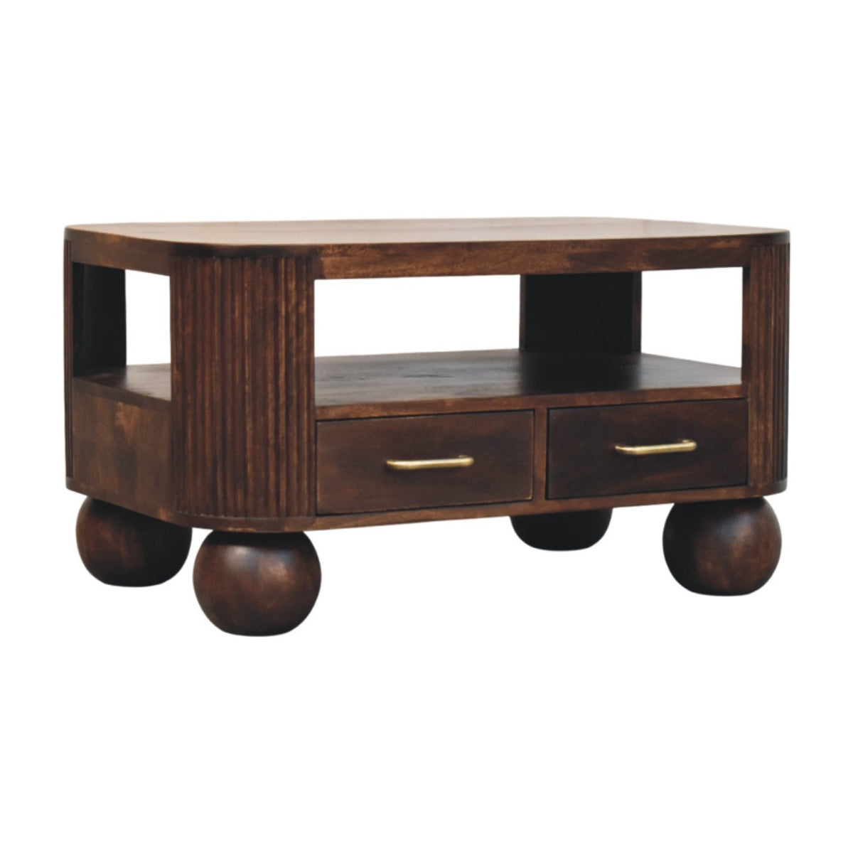 Mesa de centro de madera maciza de mango con 2 cajones – Patas esféricas y acabado nogal California