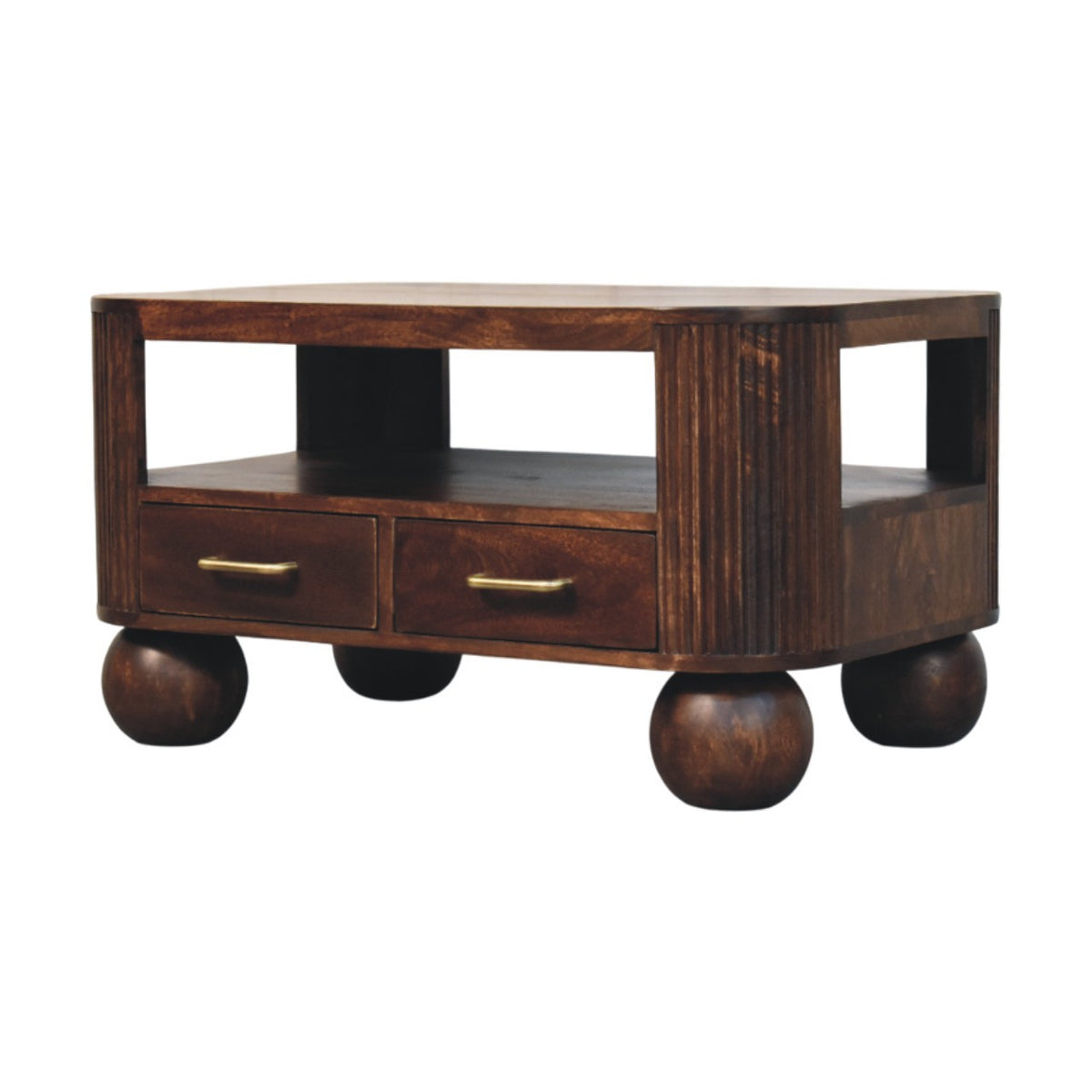 Mesa de centro de madera maciza de mango con 2 cajones – Patas esféricas y acabado nogal California