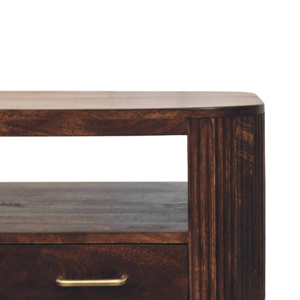 Mesa de centro de madera maciza de mango con 2 cajones – Patas esféricas y acabado nogal California
