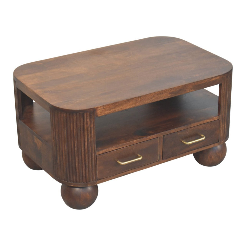 Mesa de centro de madera maciza de mango con 2 cajones – Patas esféricas y acabado nogal California