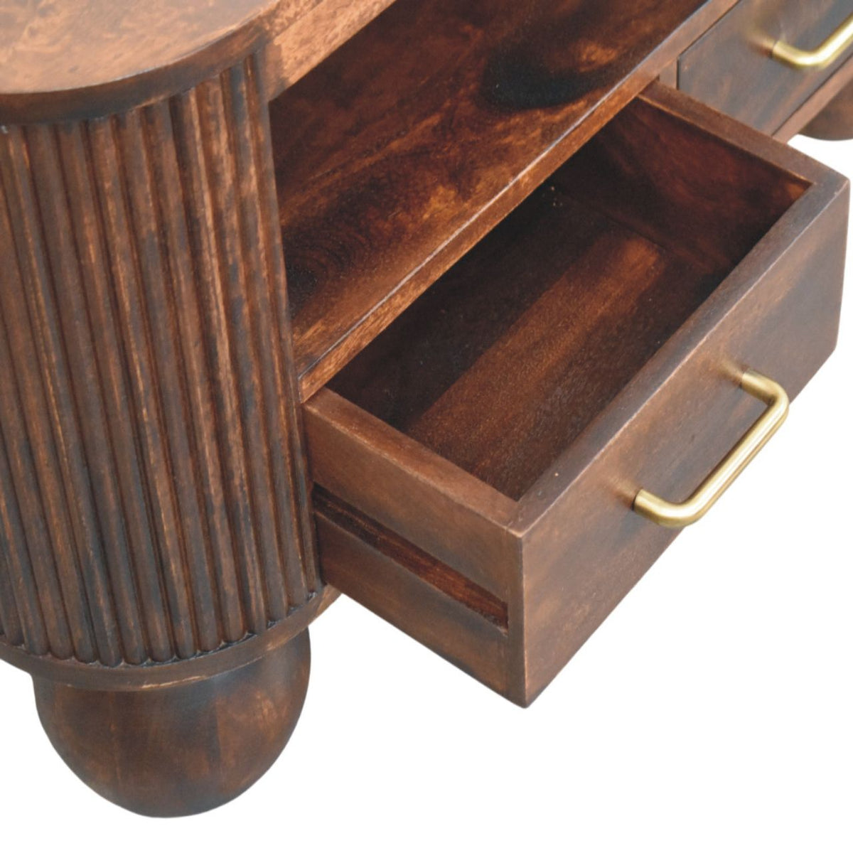 Mesa de centro de madera maciza de mango con 2 cajones – Patas esféricas y acabado nogal California