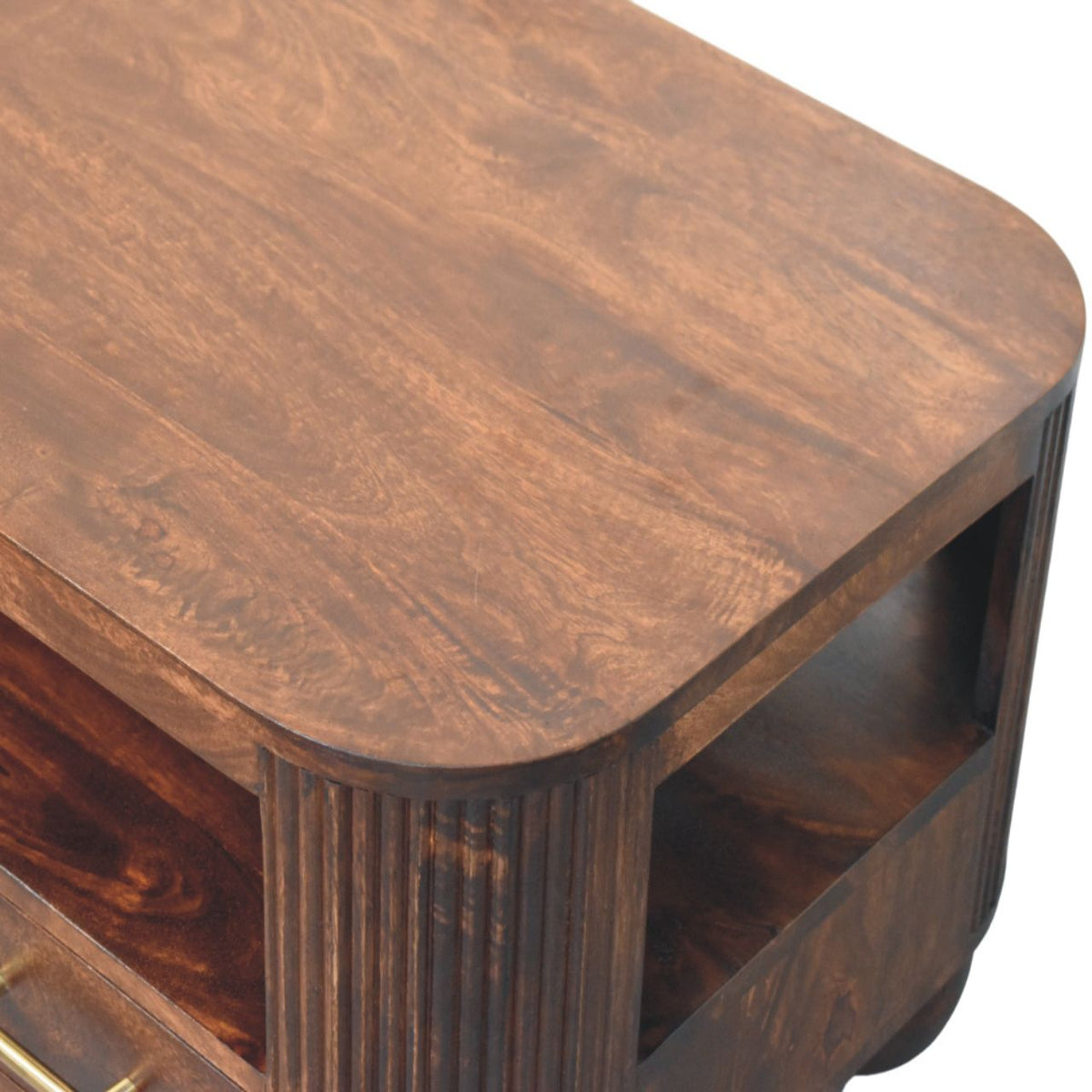 Mesa de centro de madera maciza de mango con 2 cajones – Patas esféricas y acabado nogal California