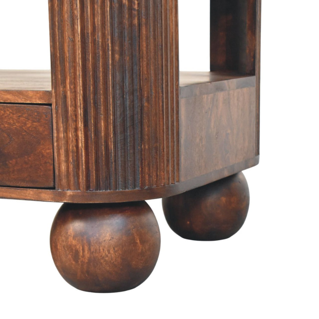 Mesa de centro de madera maciza de mango con 2 cajones – Patas esféricas y acabado nogal California