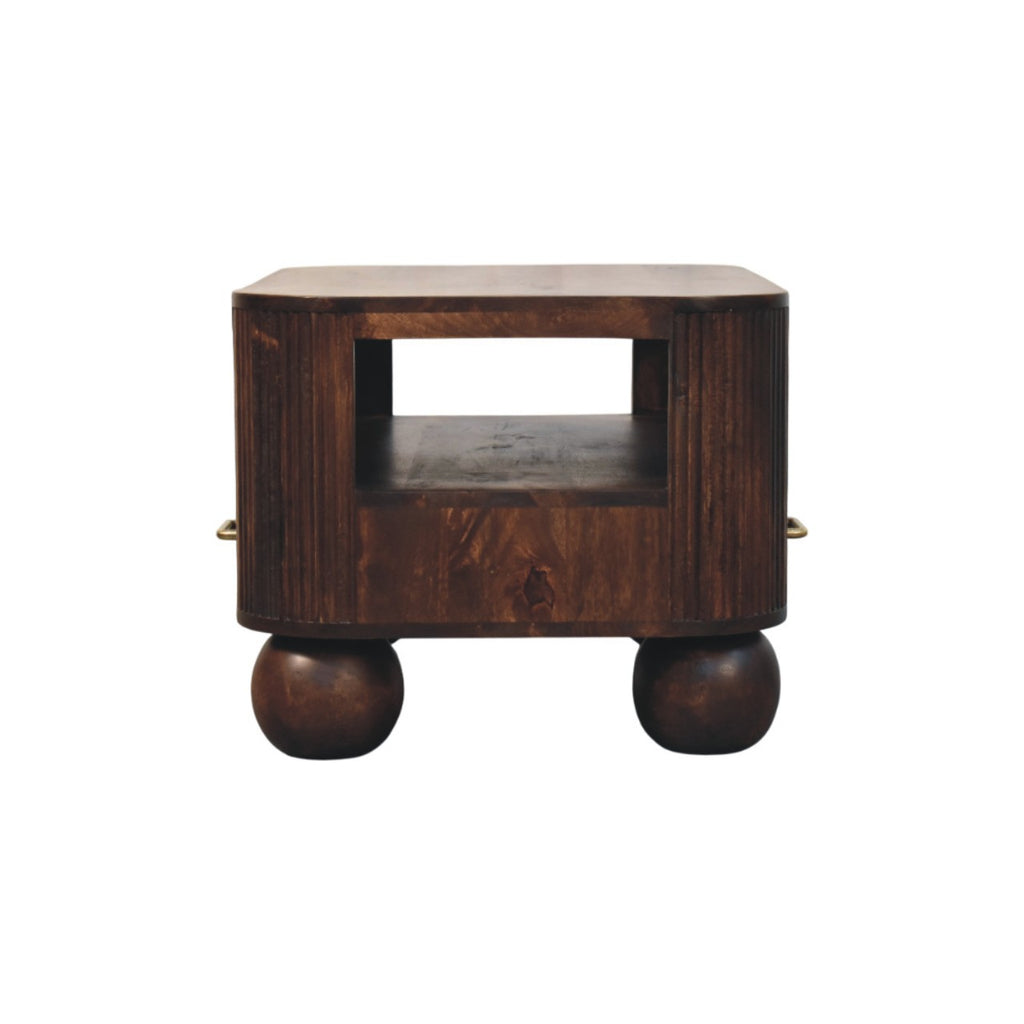 Mesa de centro de madera maciza de mango con 2 cajones – Patas esféricas y acabado nogal California