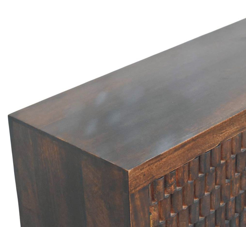 Cómoda Cádiz de madera maciza de mango – Tallado geométrico en moca oscuro