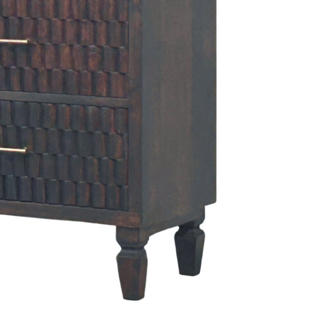 Cómoda Cádiz de madera maciza de mango – Tallado geométrico en moca oscuro