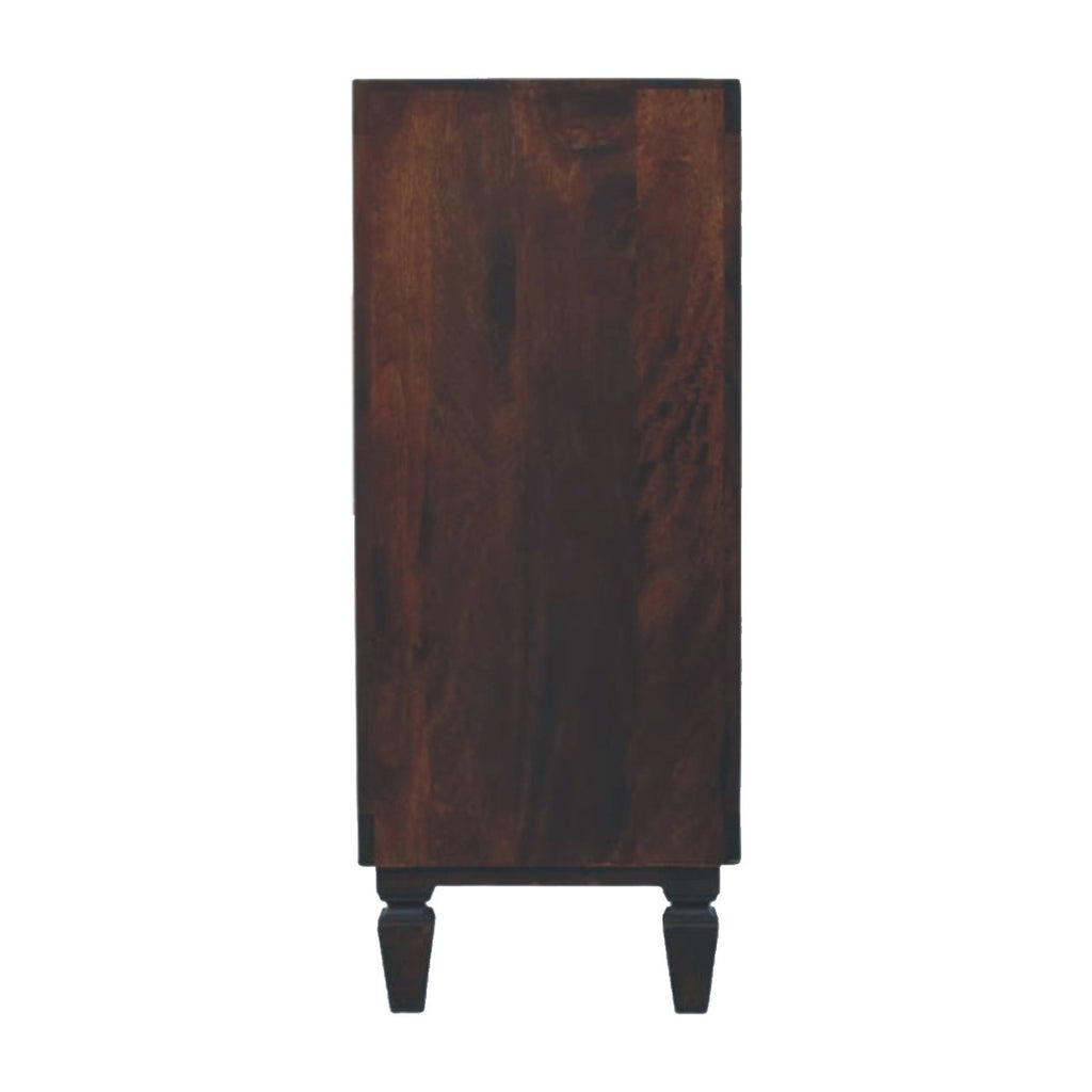Cómoda Cádiz de madera maciza de mango – Tallado geométrico en moca oscuro