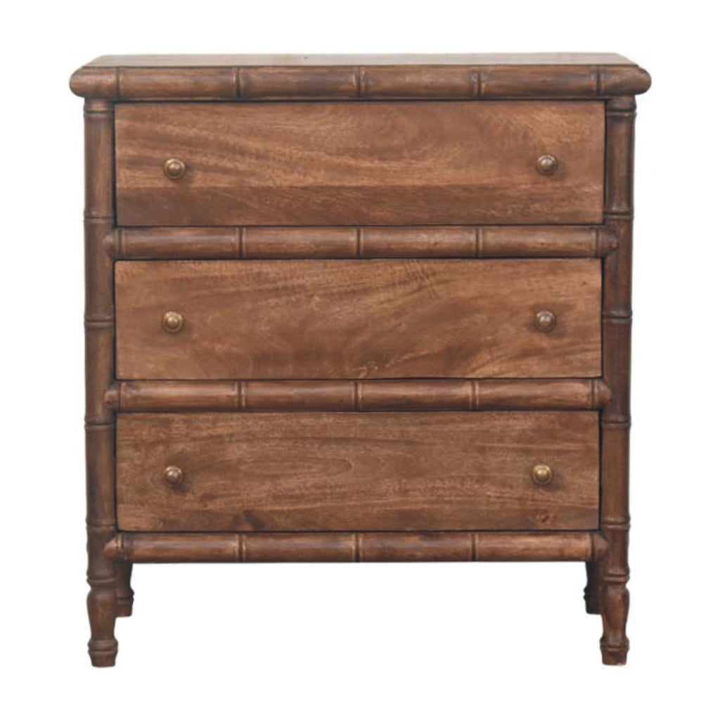Cómoda de madera maciza de mango con 3 cajones – Tallado efecto bambú y estilo colonial