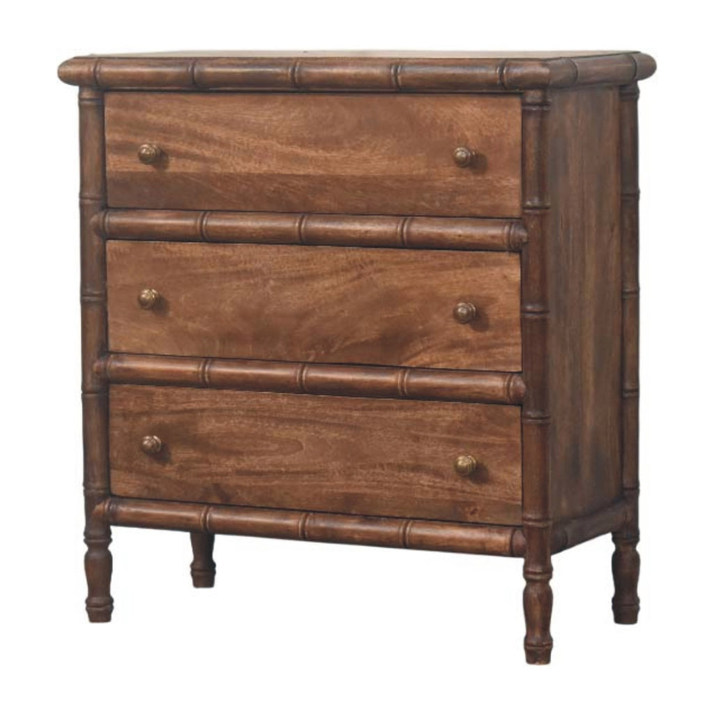 Cómoda de madera maciza de mango con 3 cajones – Tallado efecto bambú y estilo colonial