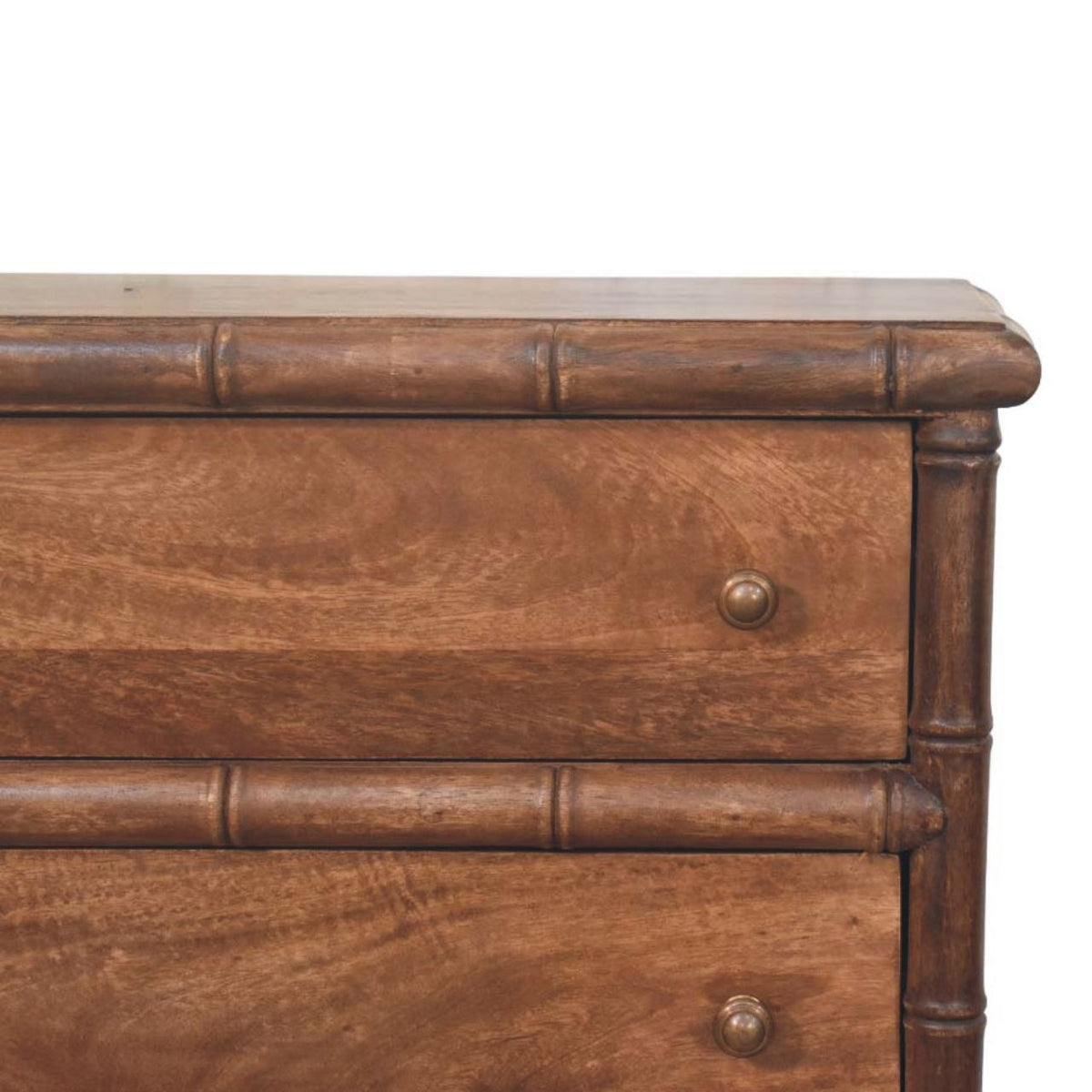 Cómoda de madera maciza de mango con 3 cajones – Tallado efecto bambú y estilo colonial