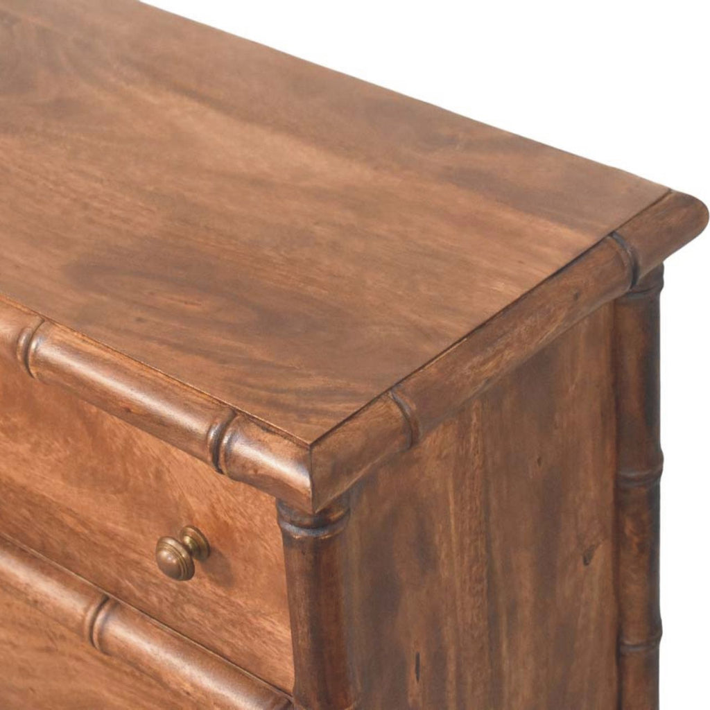 Cómoda de madera maciza de mango con 3 cajones – Tallado efecto bambú y estilo colonial