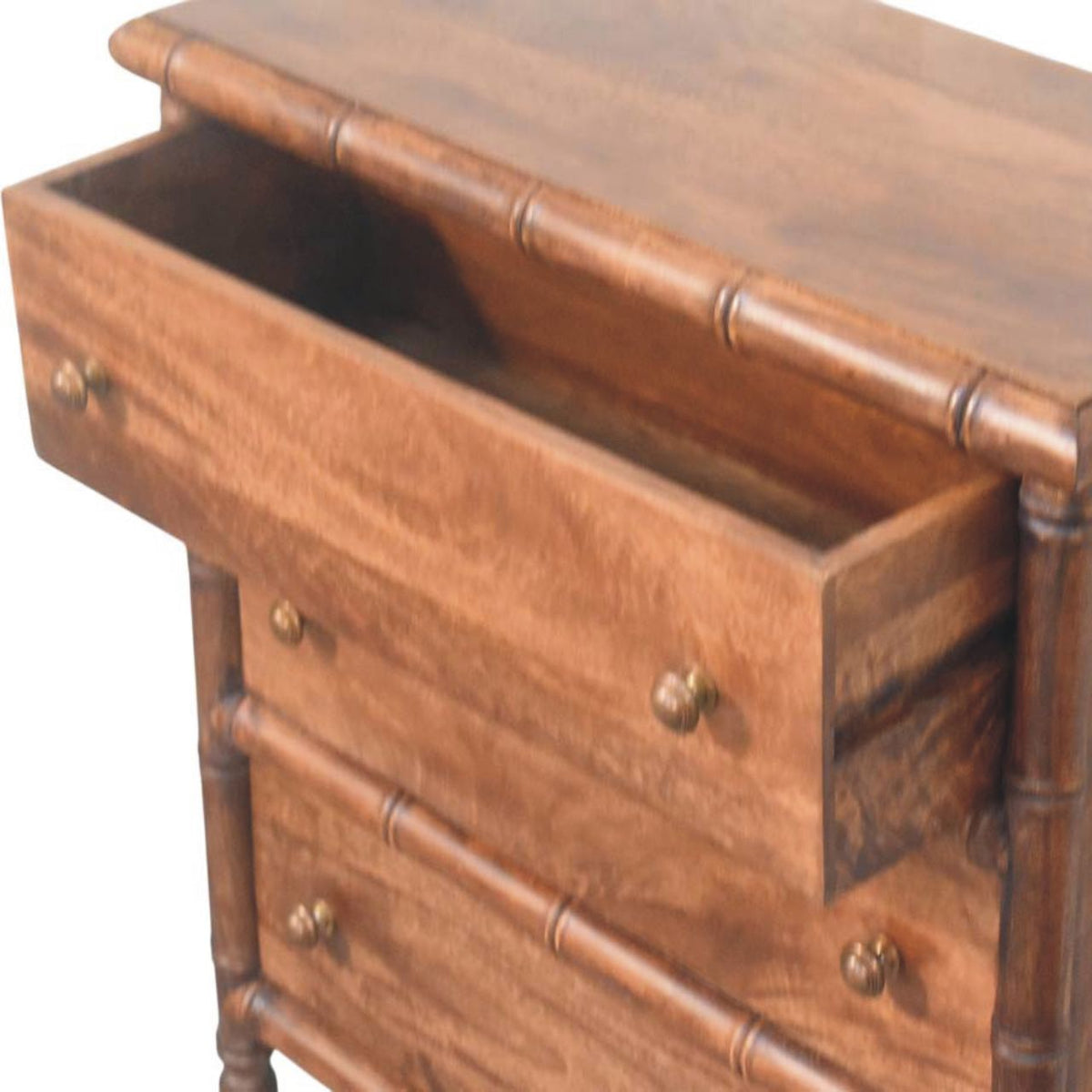 Cómoda de madera maciza de mango con 3 cajones – Tallado efecto bambú y estilo colonial