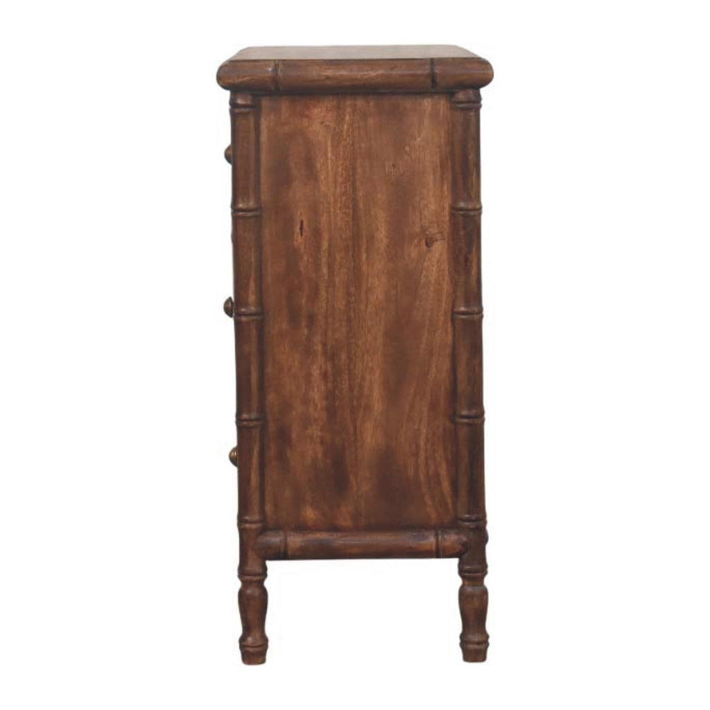 Cómoda de madera maciza de mango con 3 cajones – Tallado efecto bambú y estilo colonial