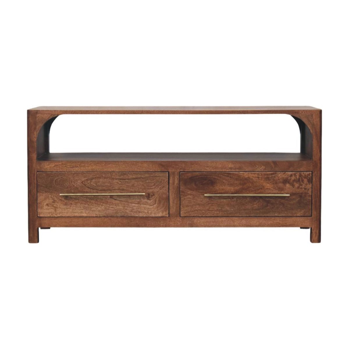 Mueble de TV Arc-Line de madera maciza de mango – Diseño arqueado y almendra tostada