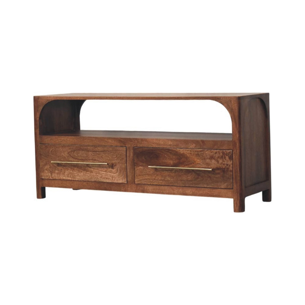 Mueble de TV Arc-Line de madera maciza de mango – Diseño arqueado y almendra tostada