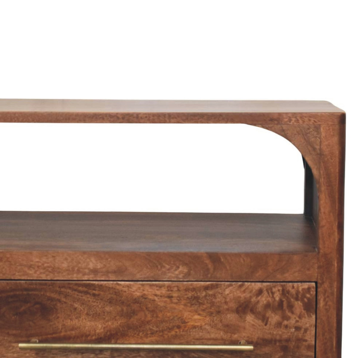 Mueble de TV Arc-Line de madera maciza de mango – Diseño arqueado y almendra tostada