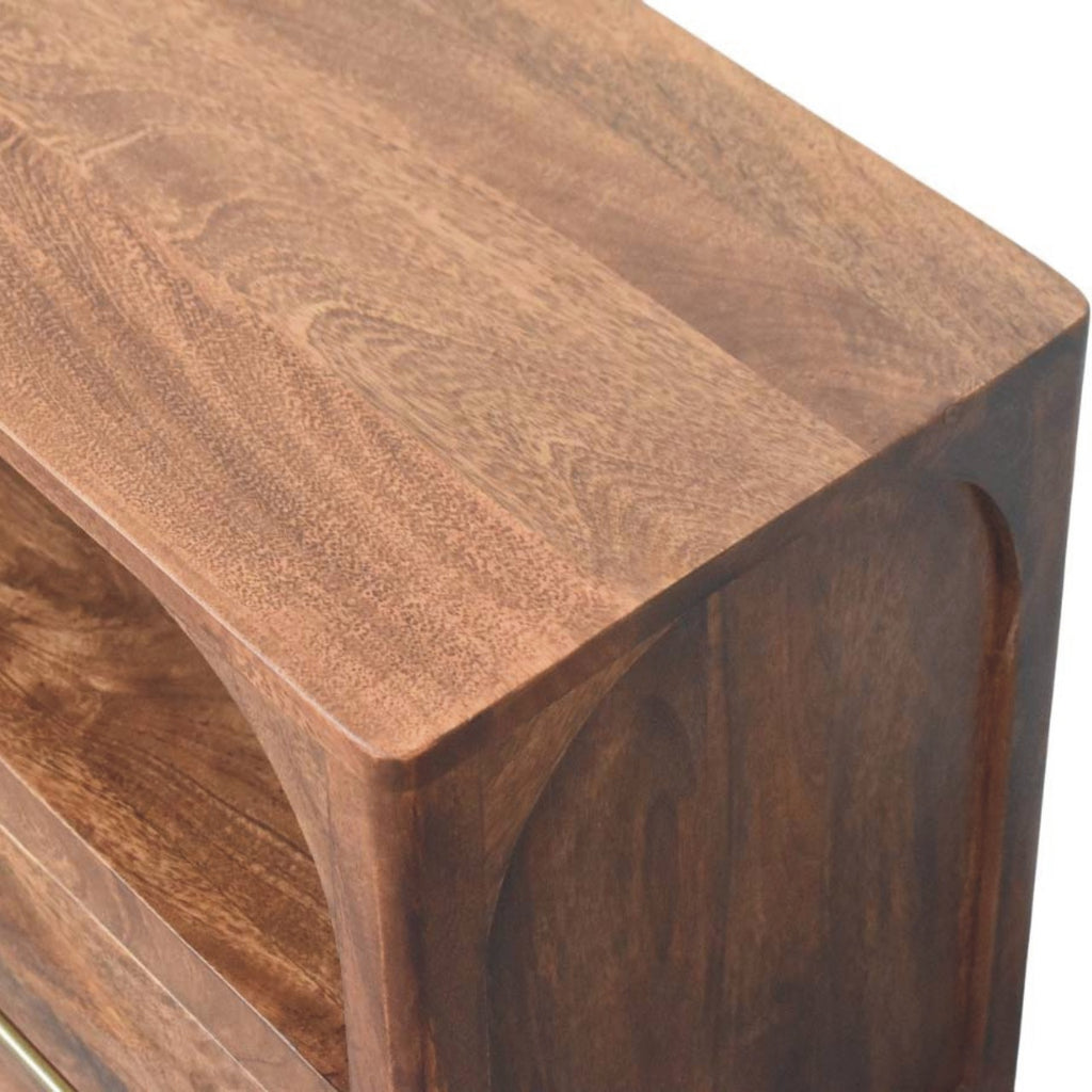 Mueble de TV Arc-Line de madera maciza de mango – Diseño arqueado y almendra tostada