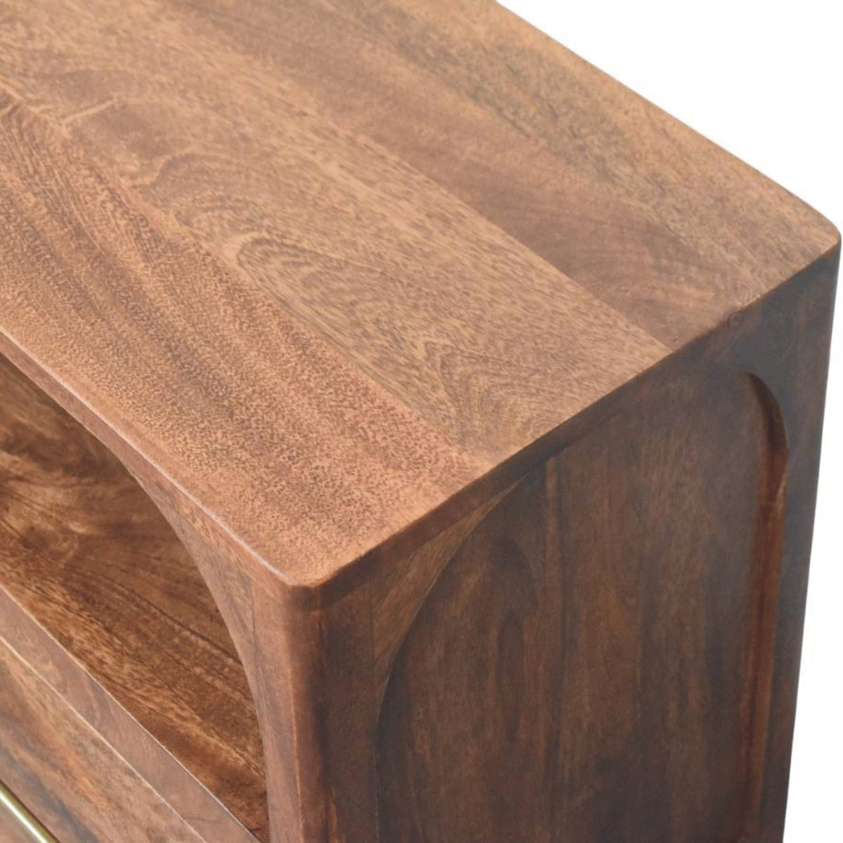 Mueble de TV Arc-Line de madera maciza de mango – Diseño arqueado y almendra tostada