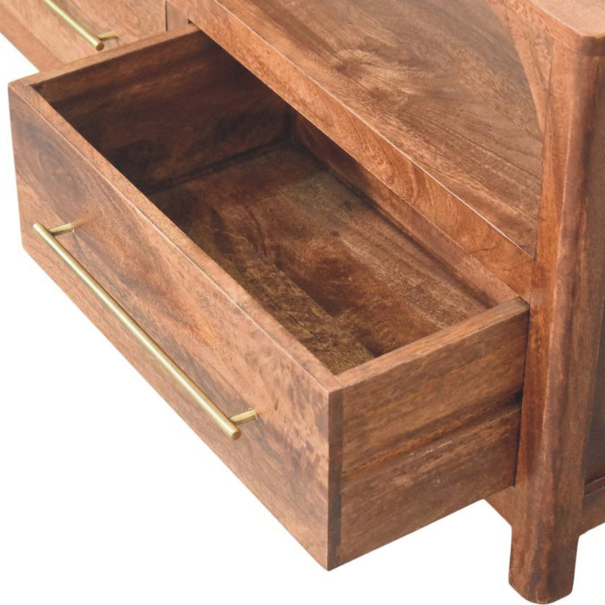 Mueble de TV Arc-Line de madera maciza de mango – Diseño arqueado y almendra tostada