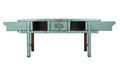 Solid elm console table with turquoise distressed finish – handmade vintage furniture for hallway or living room