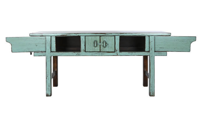 Consola de olmo macizo decapé turquesa – mueble vintage artesanal para recibidor o salón
