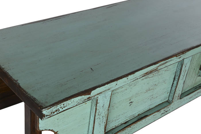 Solid elm console table with turquoise distressed finish – handmade vintage furniture for hallway or living room