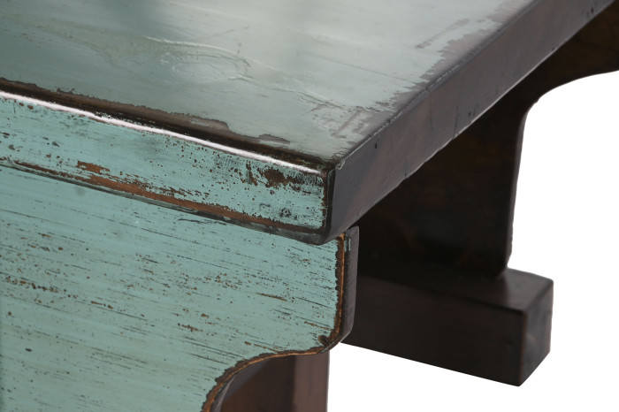 Solid elm console table with turquoise distressed finish – handmade vintage furniture for hallway or living room