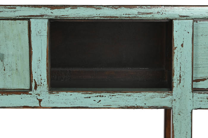 Solid elm console table with turquoise distressed finish – handmade vintage furniture for hallway or living room