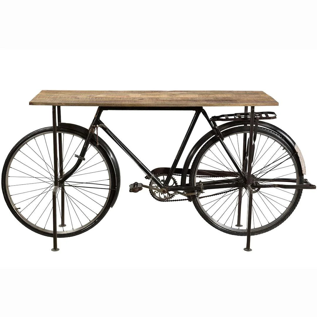 Consola de Bicicleta Antigua Reciclada con Encimera de Madera – Mesa Industrial Vintage Única para Decoración Loft