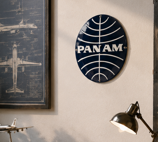 Placa Esmaltada PAN AM Vintage | Cartel Publicitario Original de Pan American Airways | Decoración Retro Aeronáutica