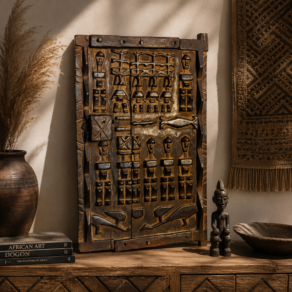 Puerta de Granero Dogón Bajdaguara de Malí | Antigua Puerta Africana Tallada a Mano | Arte Tribal Étnico | Escultura Arquitectónica de Madera