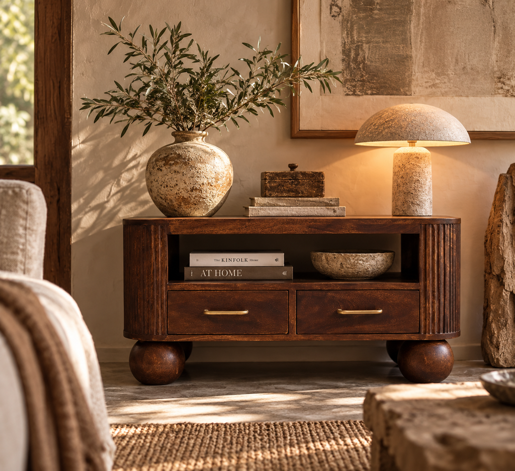Mesa de centro de madera maciza de mango con 2 cajones – Patas esféricas y acabado nogal California