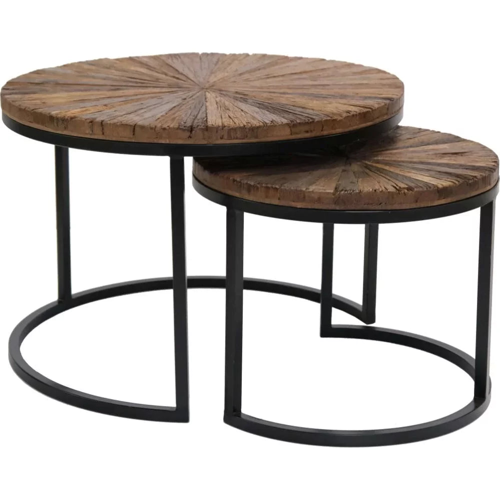 Mesas Nido de Madera Reciclada y Hierro – Set de Mesas Auxiliares Vintage de Estilo Industrial