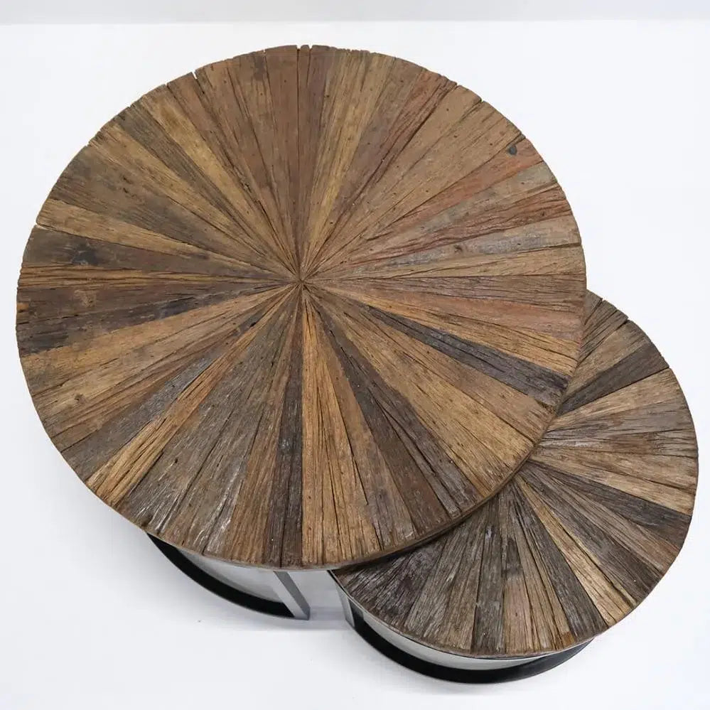 Mesas Nido de Madera Reciclada y Hierro – Set de Mesas Auxiliares Vintage de Estilo Industrial