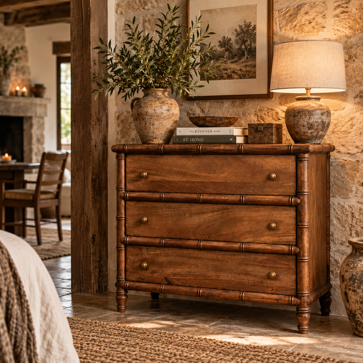 Cómoda de madera maciza de mango con 3 cajones – Tallado efecto bambú y estilo colonial