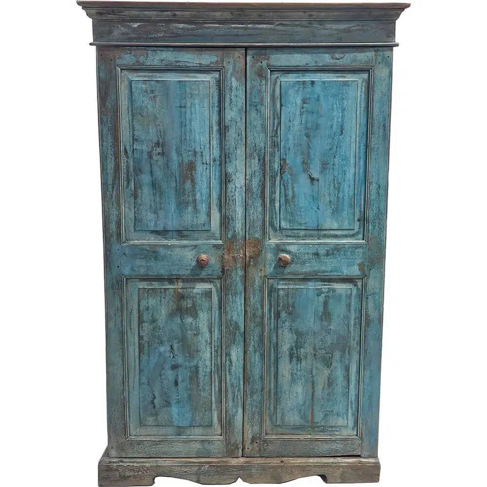 Armario Antiguo de Madera con Pátina Azul – Mueble Vintage con Estanterías para Almacenaje y Decoración