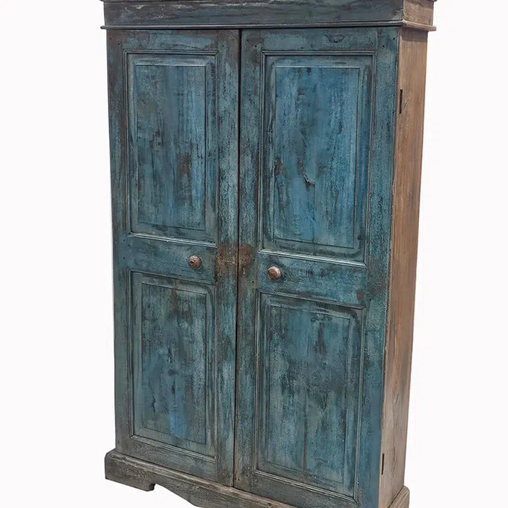 Armario Antiguo de Madera con Pátina Azul – Mueble Vintage con Estanterías para Almacenaje y Decoración