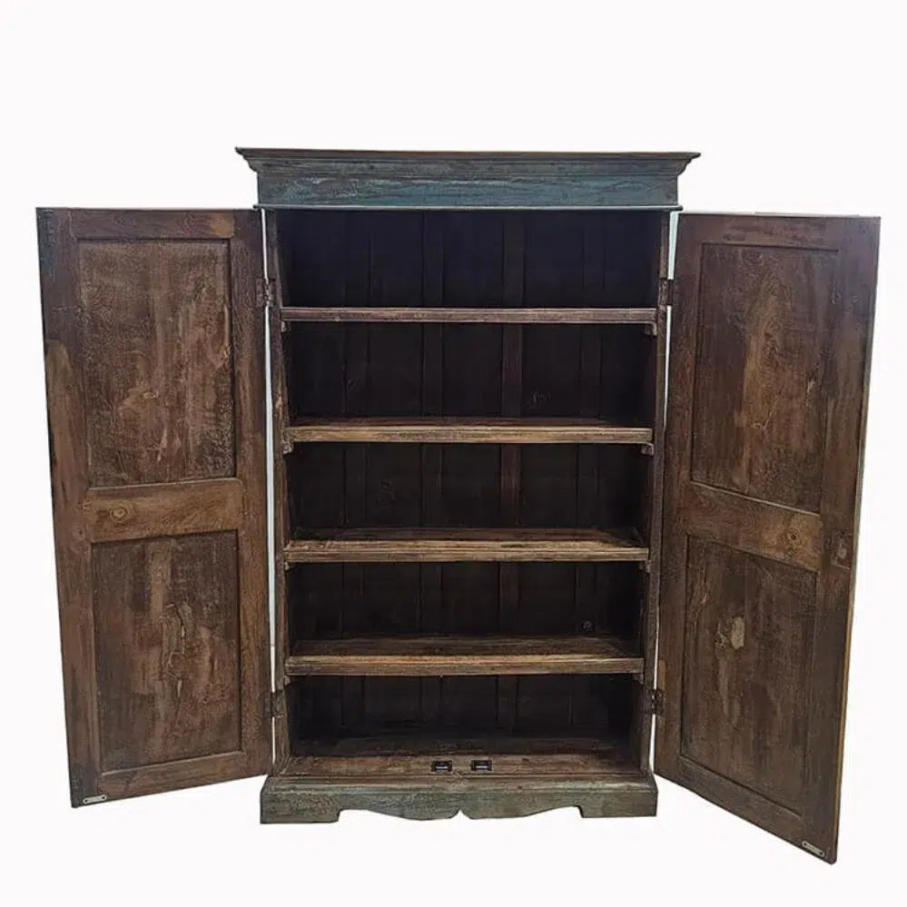 Armario Antiguo de Madera con Pátina Azul – Mueble Vintage con Estanterías para Almacenaje y Decoración