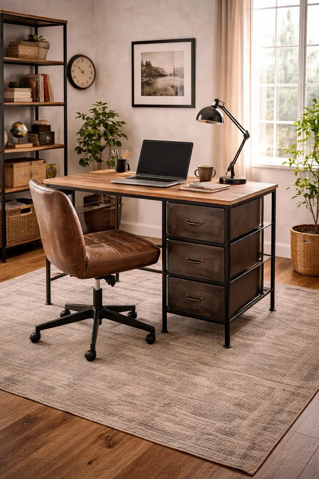 Escritorio Industrial de Madera y Hierro con Cajones – Mesa de Trabajo Vintage para Oficina y Estudio