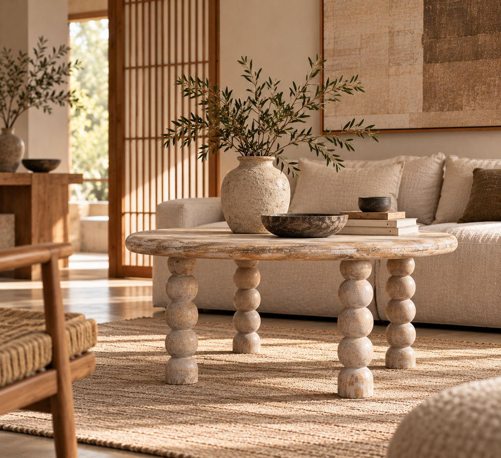 Mesa de centro Marcellus de madera maciza de mango – Patas torneadas y acabado roble salado