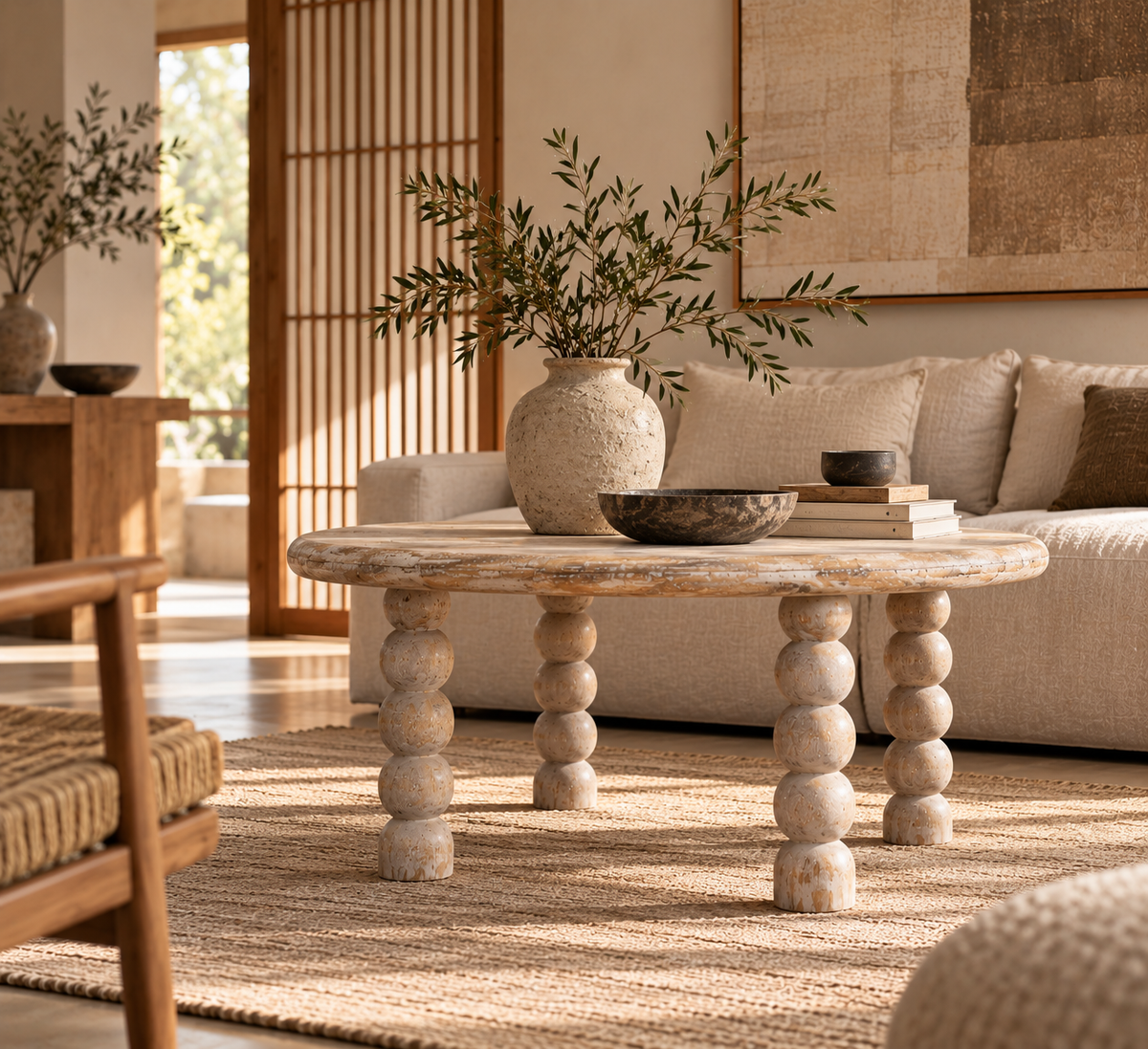 Mesa de centro Marcellus de madera maciza de mango – Patas torneadas y acabado roble salado