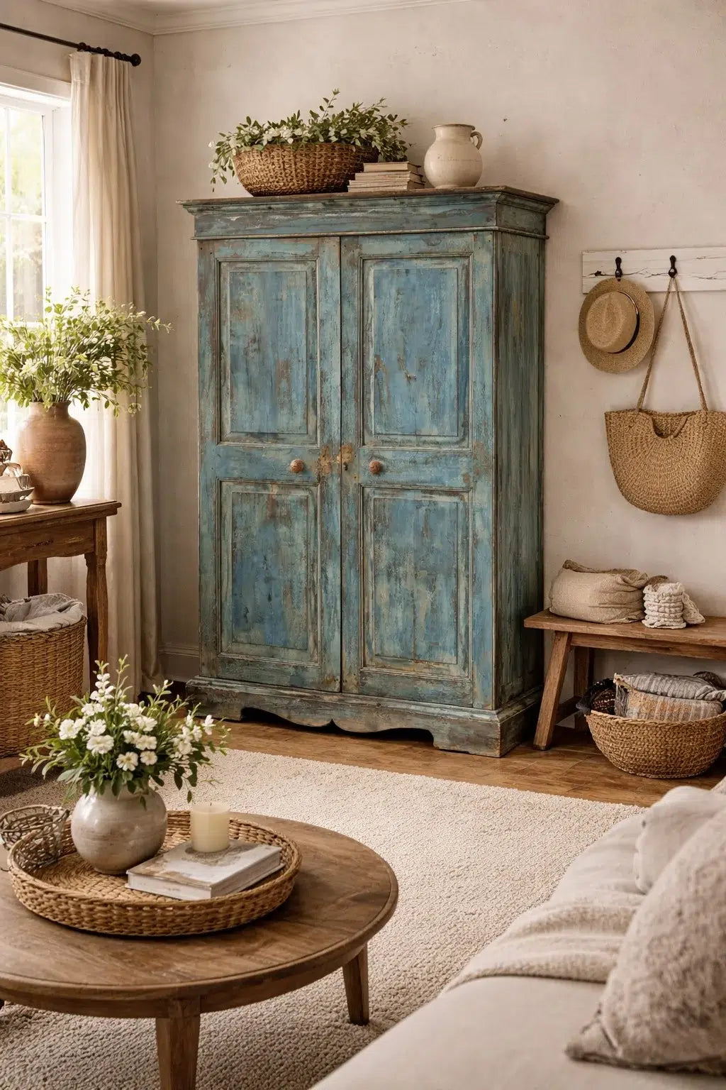 Armario Antiguo de Madera con Pátina Azul – Mueble Vintage con Estanterías para Almacenaje y Decoración