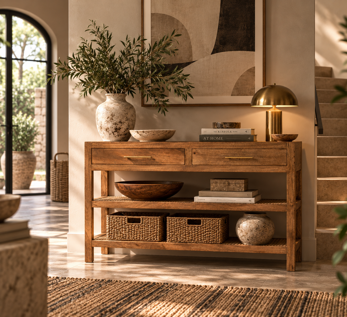 Consola de Madera de Mango y Ratán Saffron – 2 Cajones | Estilo Japandi y Boho
