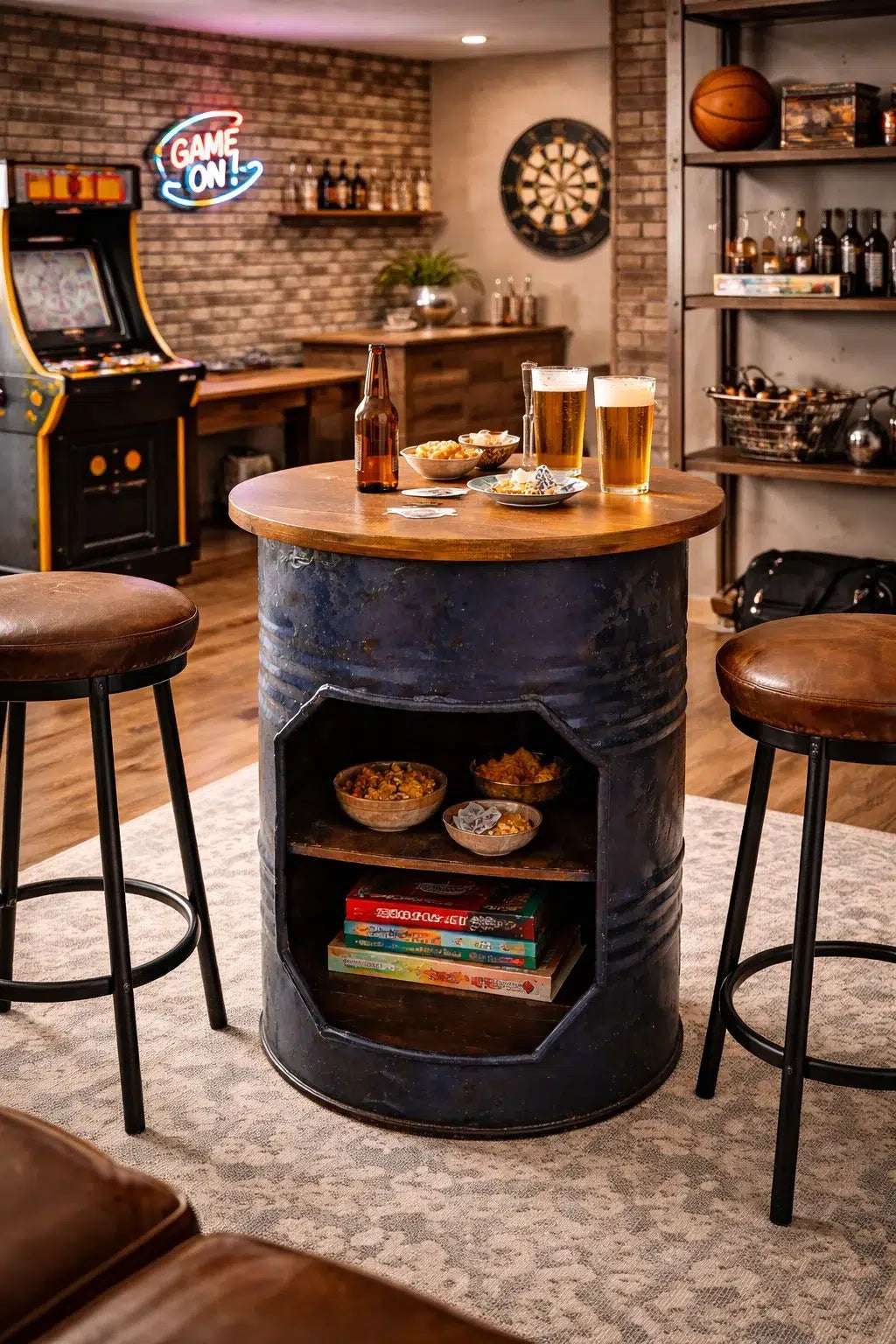 Mesa Bar Industrial de Barril Metálico Reciclado – Mueble Vintage con Estante y Almacenaje para Decoración Industrial